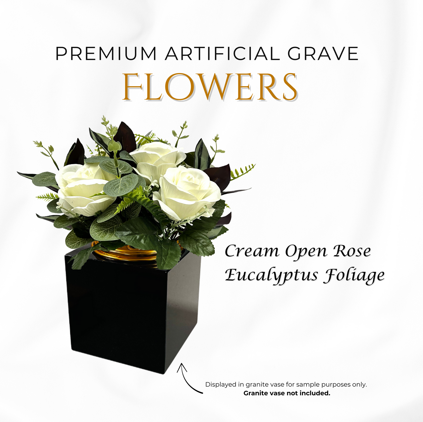Premium Artificial Grave Flowers – Cream Open Roses with Eucalyptus (25cm) | Memorial Vase Pot