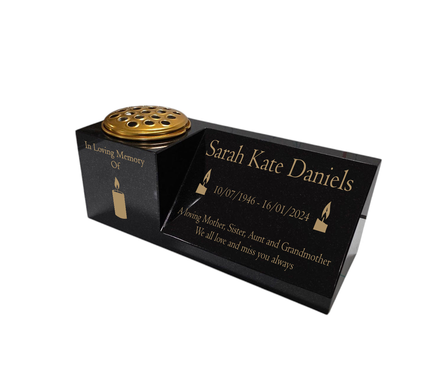 Granite Memorial Vase and Plaque Combination – Candle Design, Solid Granite (16x6x6”) with Flower Pot Insert