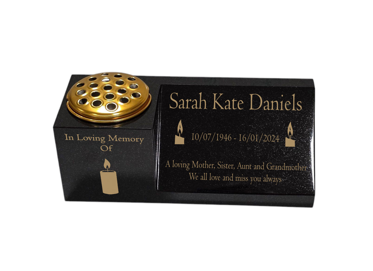 Granite Memorial Vase and Plaque Combination – Candle Design, Solid Granite (16x6x6”) with Flower Pot Insert