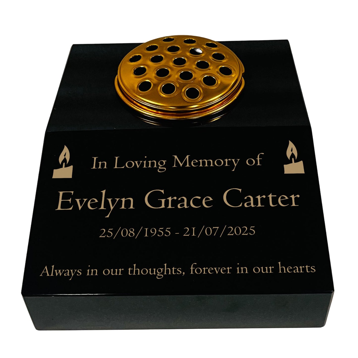 Black Granite Sloping Memorial Desk with Vase – Candle Design, Free Gold Engraving, 12x10x4"
