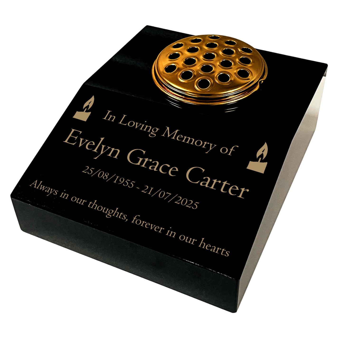 Black Granite Sloping Memorial Desk with Vase – Candle Design, Free Gold Engraving, 12x10x4"