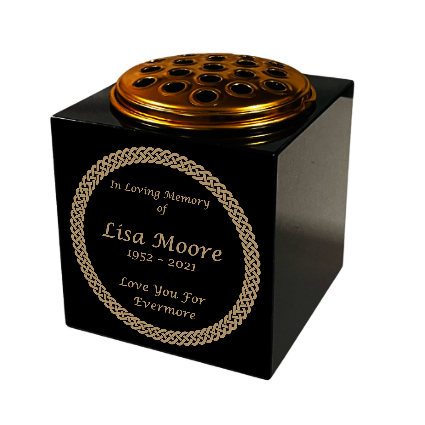 Granite Memorial Vase- Solid Granite – Free Personalised Gold Engraving, Celtic knot 1 – Includes Metal Flower Pot Insert