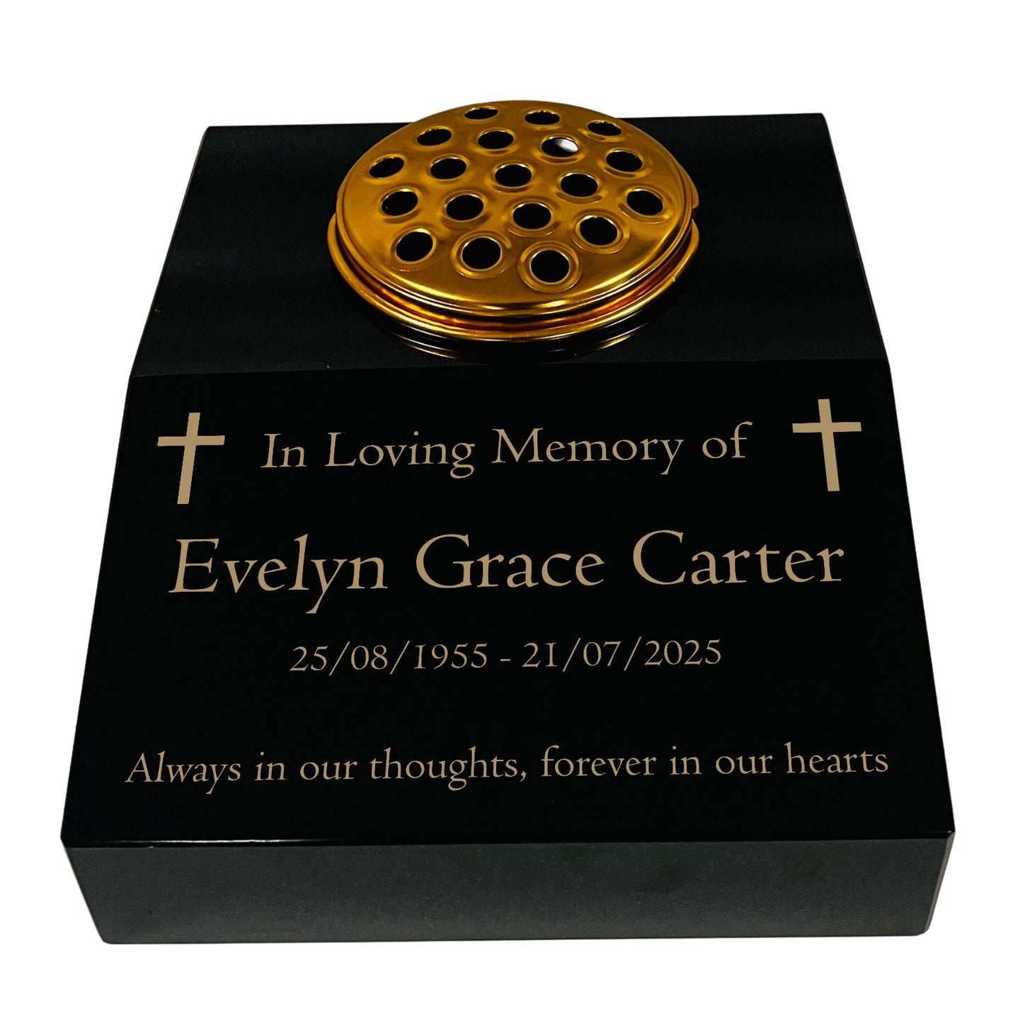 Black Granite Sloping Memorial Desk with Vase – Cross Design, Free Gold Engraving, 12x10x4"