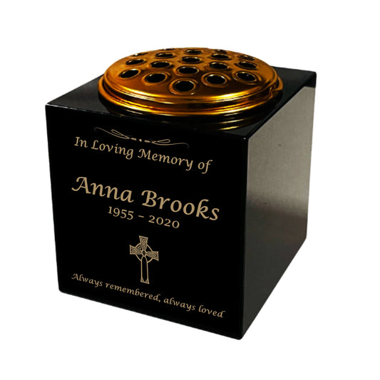 Granite Memorial Vase- Solid Granite – Free Personalised Gold Engraving, Celtic Cross – Includes Metal Flower Pot Insert