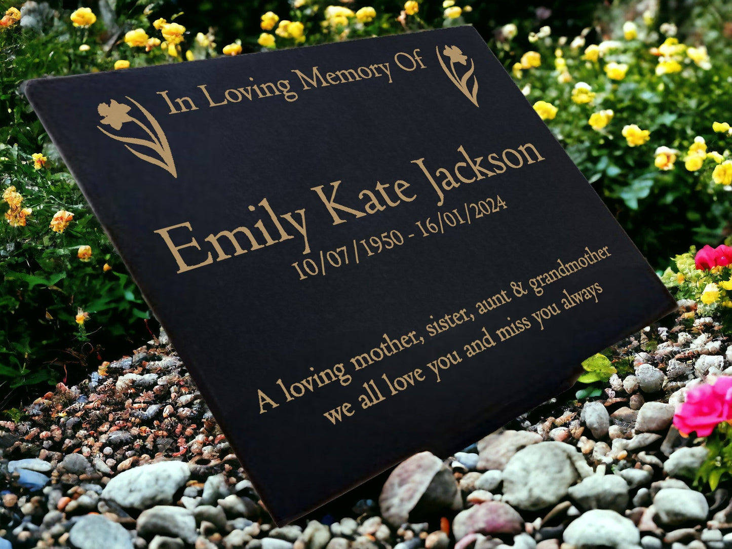 Granite Memorial Plaque, Daffodil, Stand Included