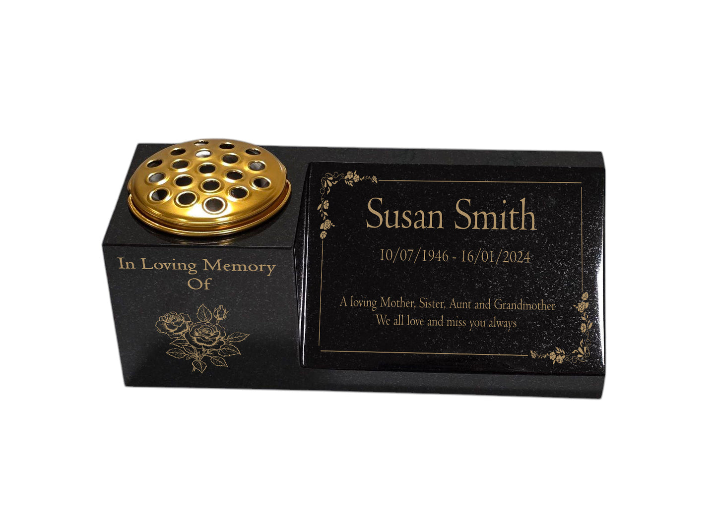 Granite Memorial Vase and Plaque Combination – Floral Design, Solid Granite (16x6x6”) with Flower Pot Insert