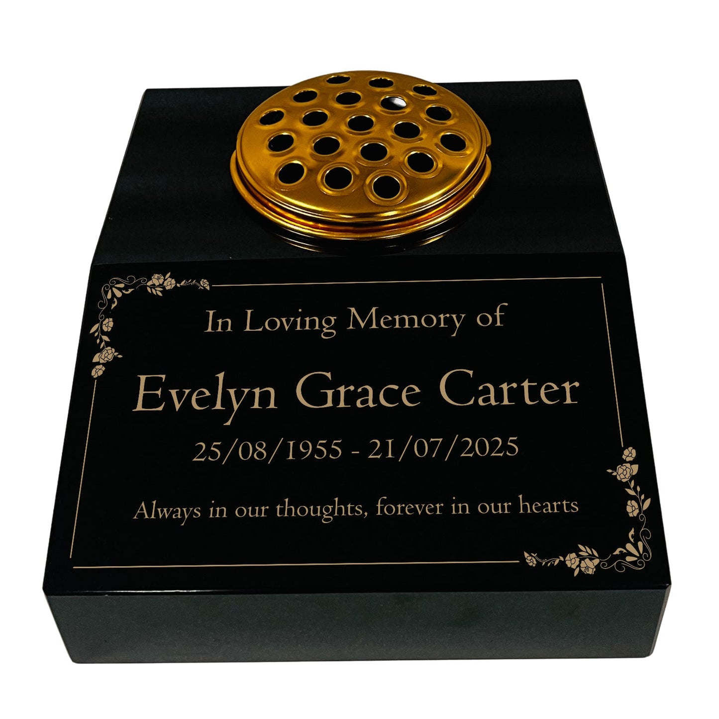 Black Granite Sloping Memorial Desk with Vase – Floral Design, Free Gold Engraving, 12x10x4"