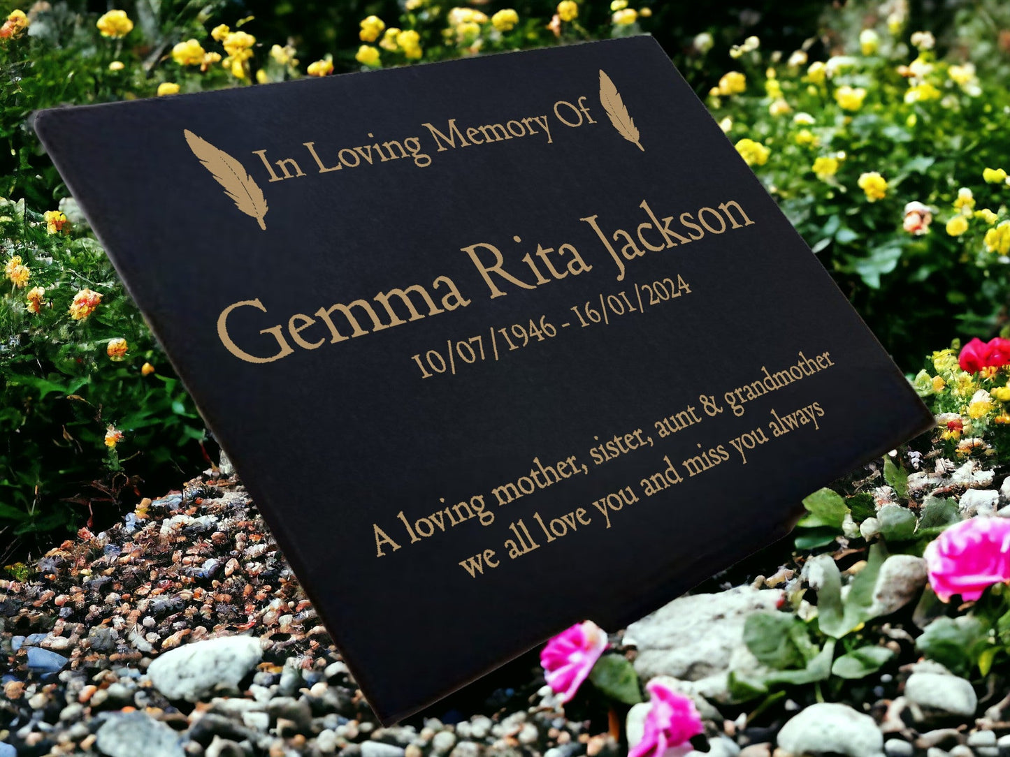 Granite Memorial Plaque, Feather, Personalised, Stand Included