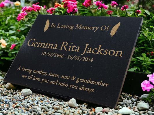 Granite Memorial Plaque, Feather, Personalised, Stand Included