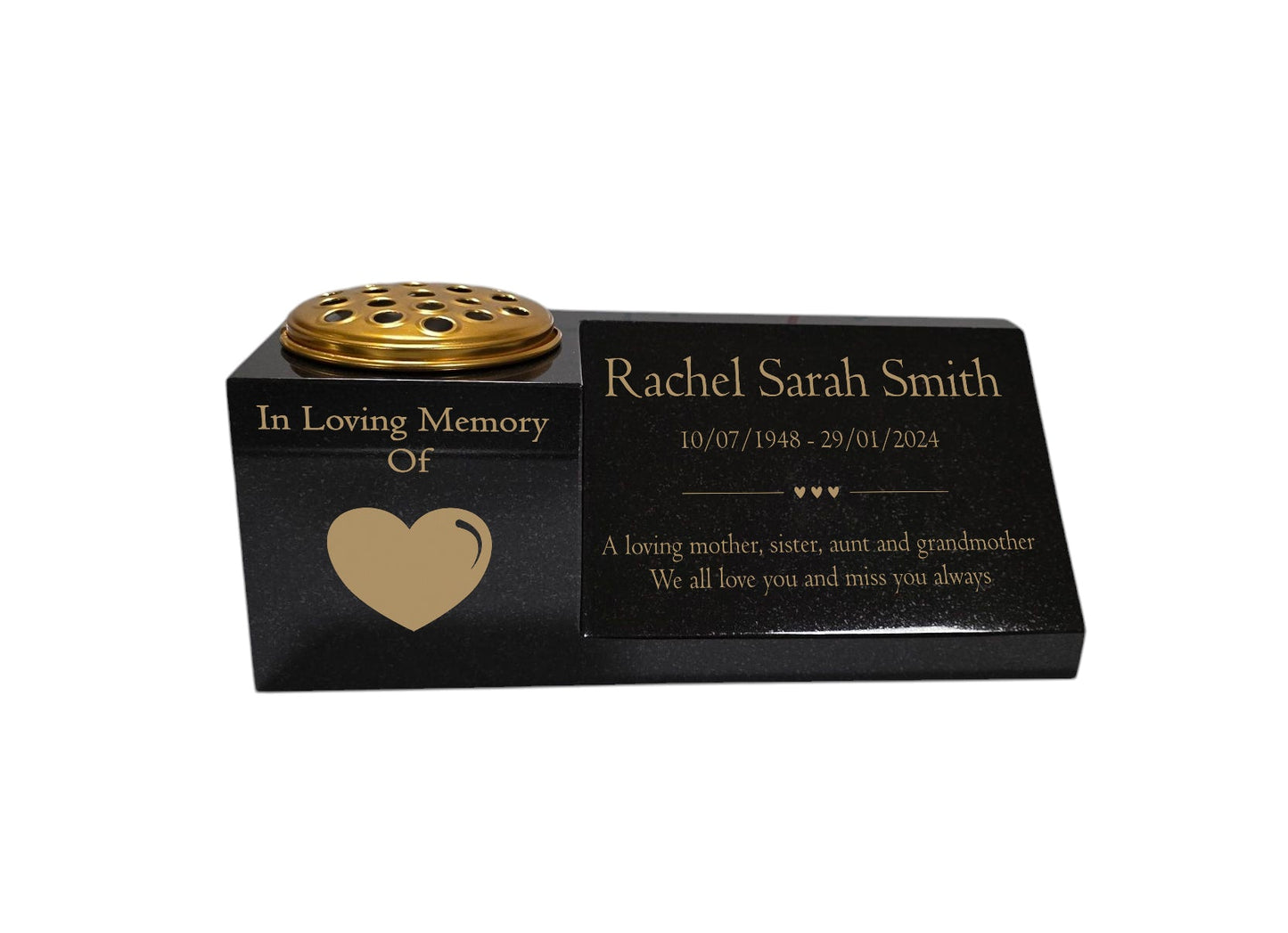 Granite Memorial Vase and Plaque Combination – Heart Design, Solid Granite (16x6x6”) with Flower Pot Insert