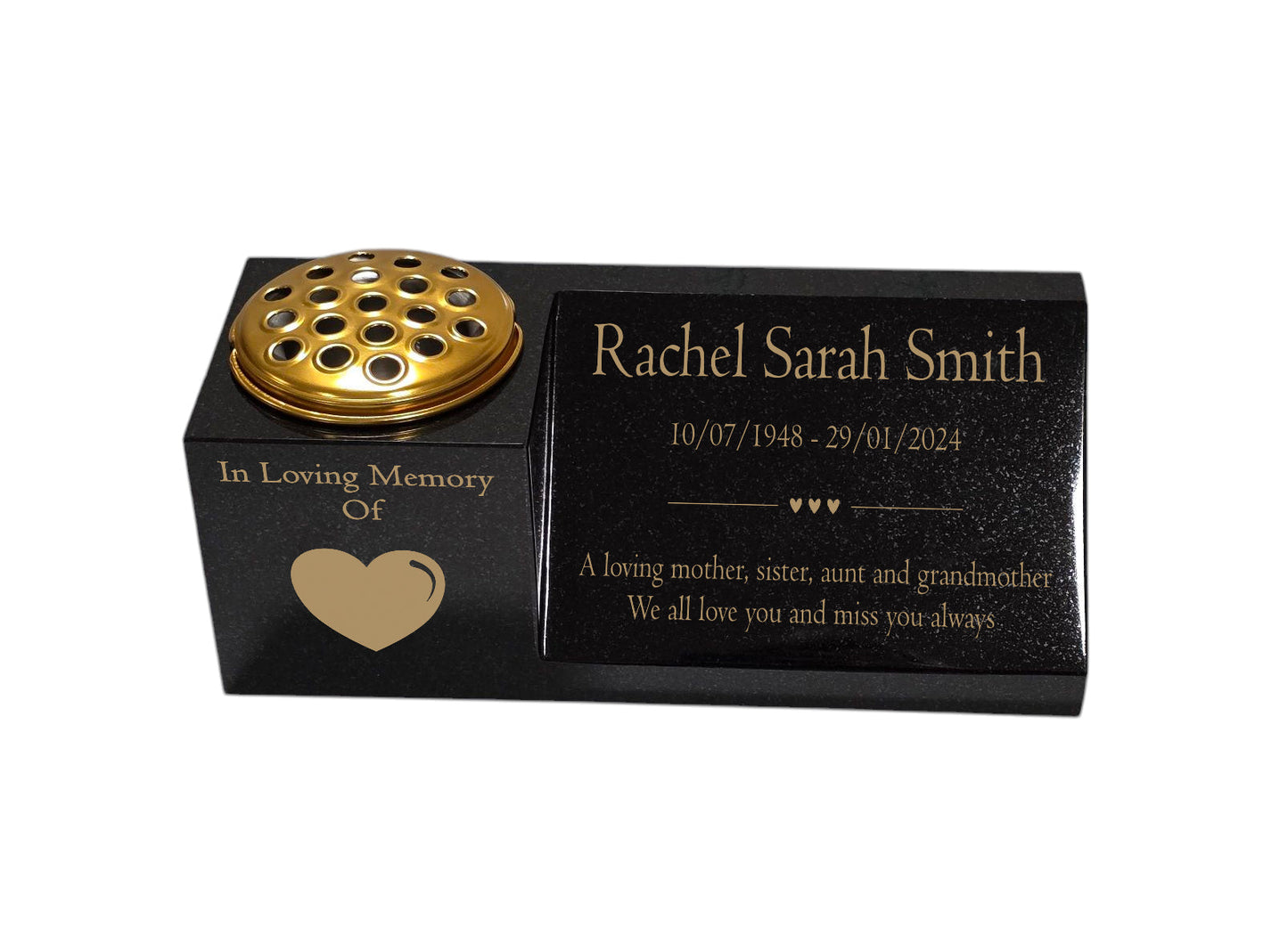Granite Memorial Vase and Plaque Combination – Heart Design, Solid Granite (16x6x6”) with Flower Pot Insert