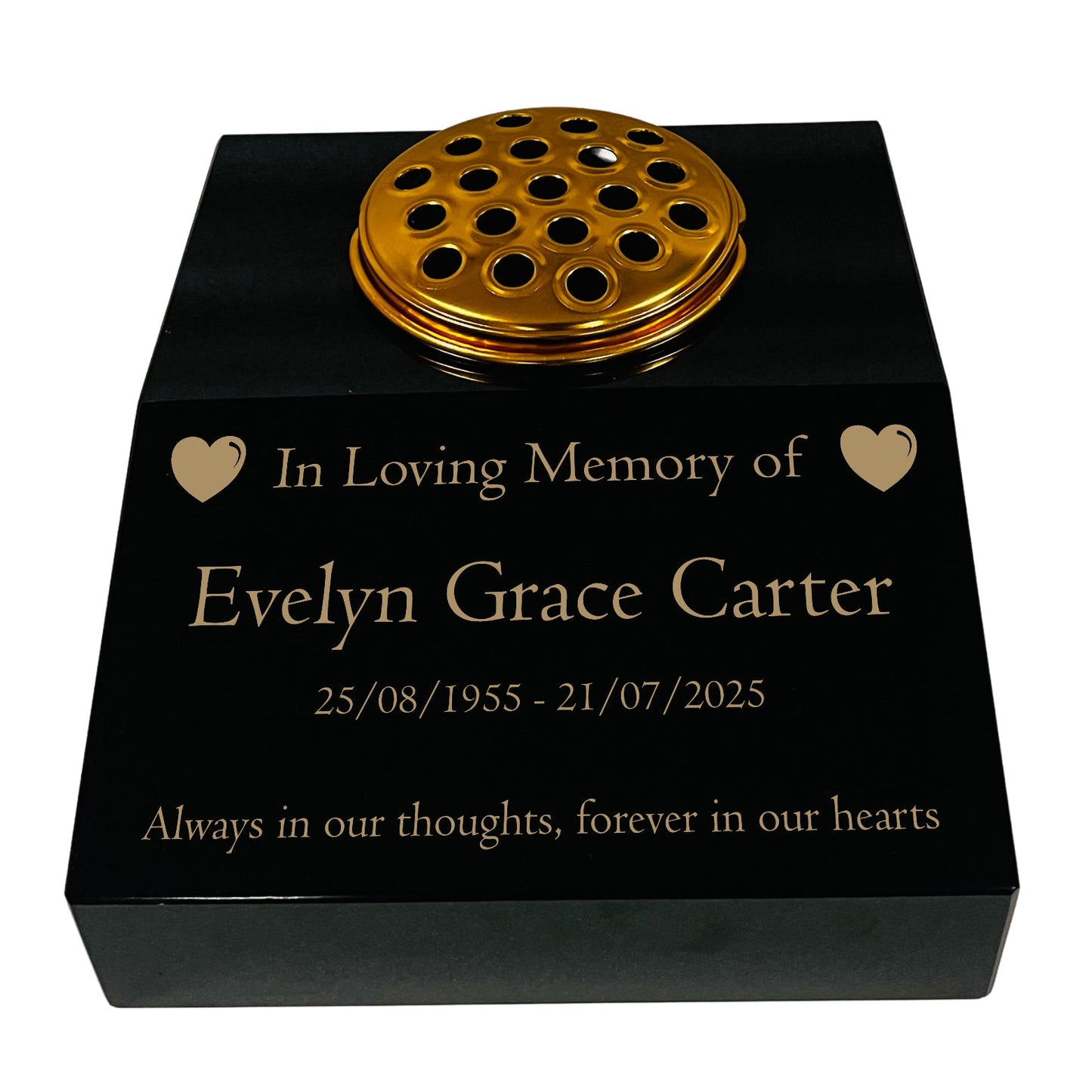 Black Granite Sloping Memorial Desk with Vase – Heart Design, Free Gold Engraving, 12x10x4"