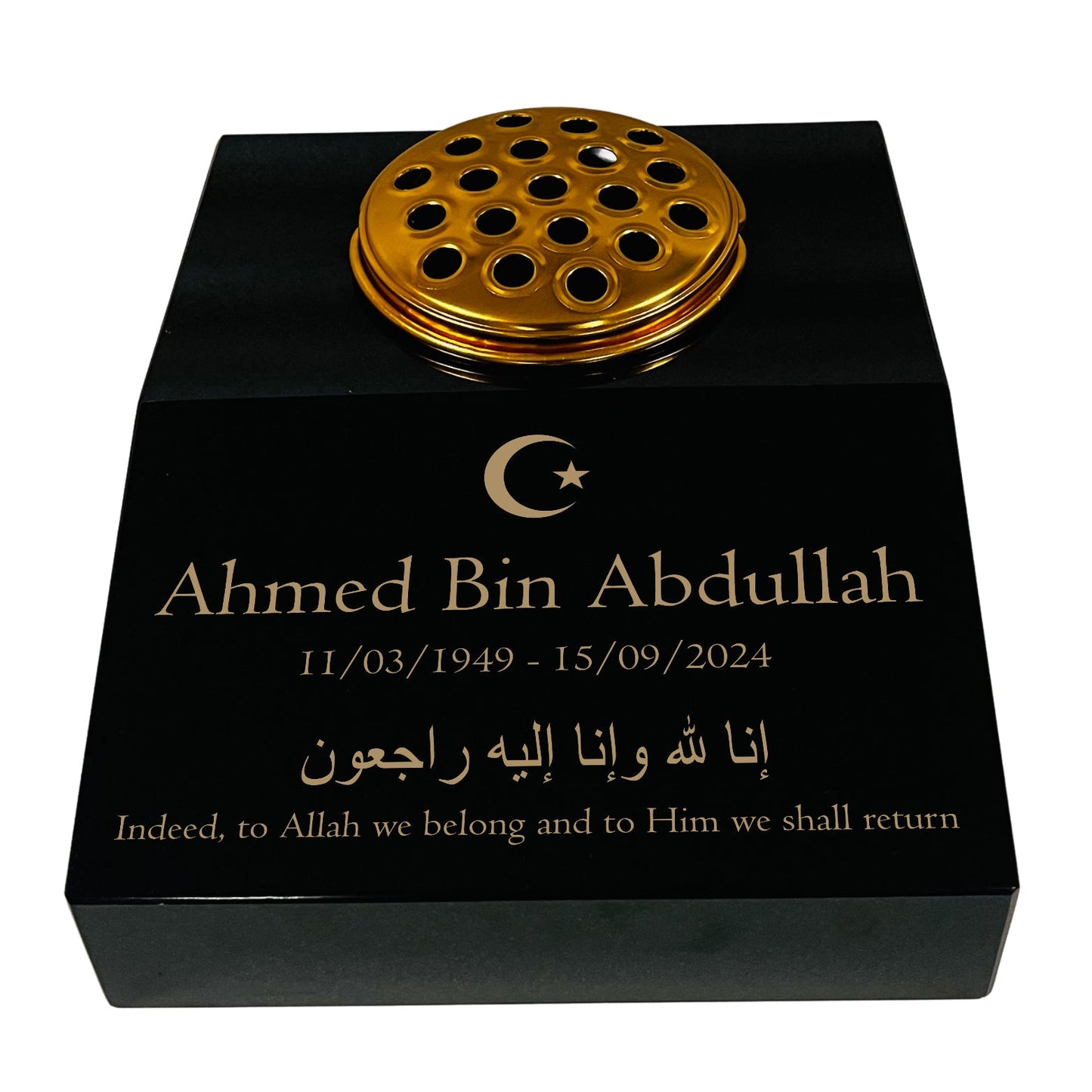 Black Granite Sloping Memorial Desk with Vase – Islamic Design 1, Free Gold Engraving, 12x10x4"