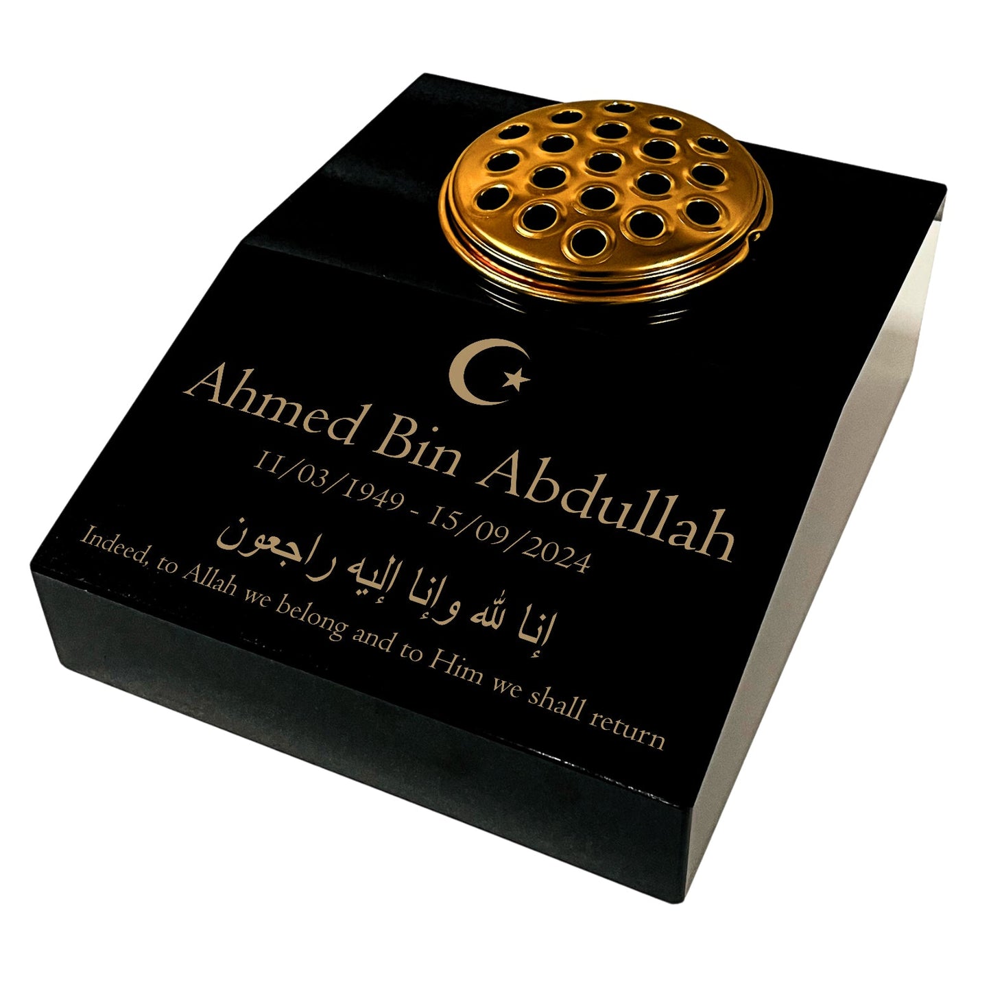 Black Granite Sloping Memorial Desk with Vase – Islamic Design 1, Free Gold Engraving, 12x10x4"