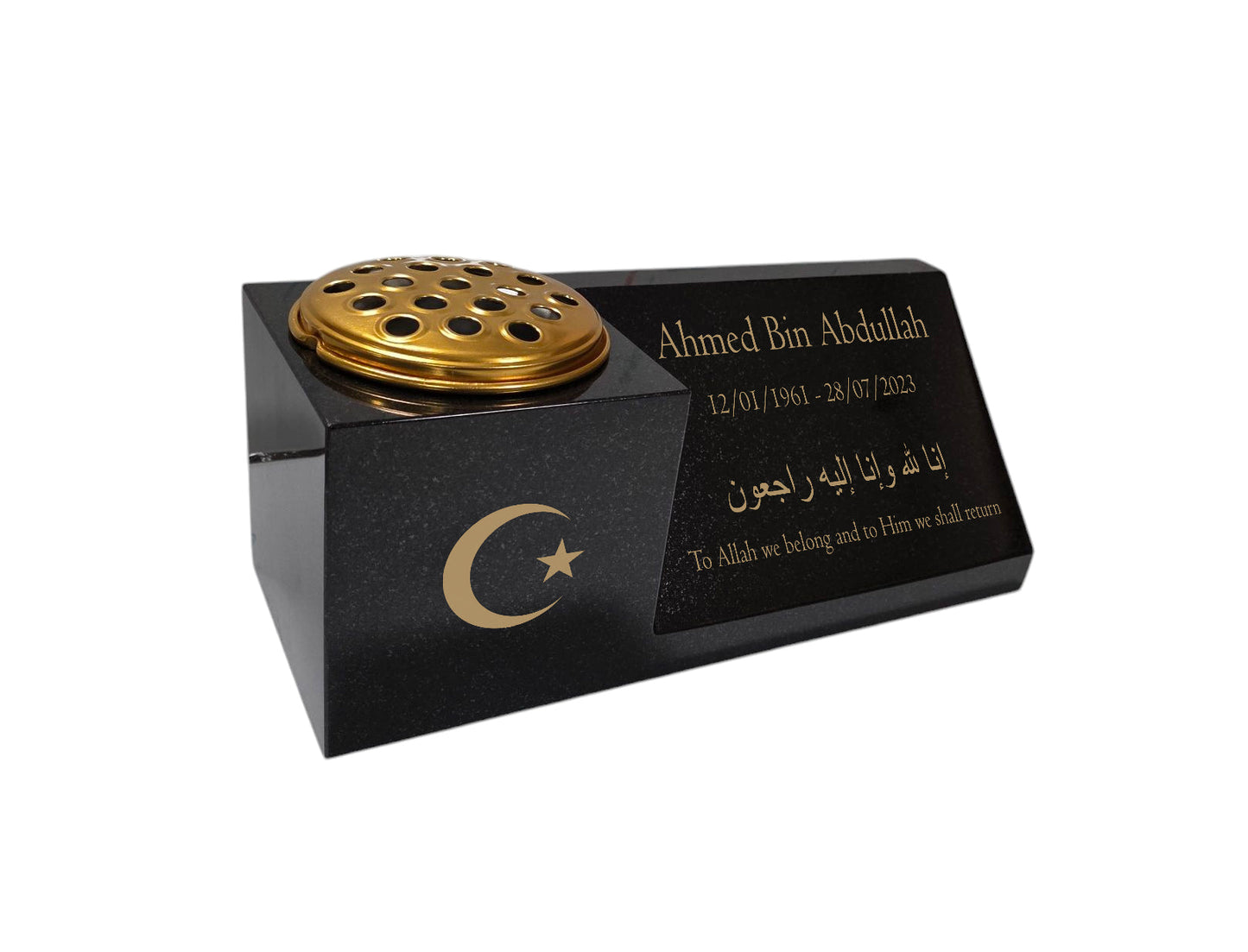 Granite Memorial Vase and Plaque Combination – Islamic Design 1, Solid Granite (16x6x6”) with Flower Pot Insert