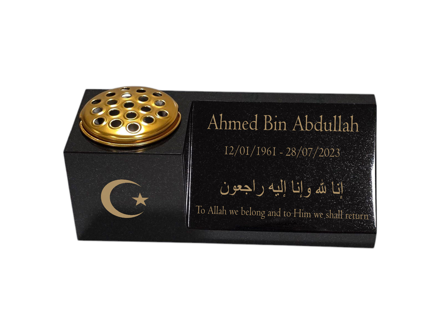 Granite Memorial Vase and Plaque Combination – Islamic Design 1, Solid Granite (16x6x6”) with Flower Pot Insert