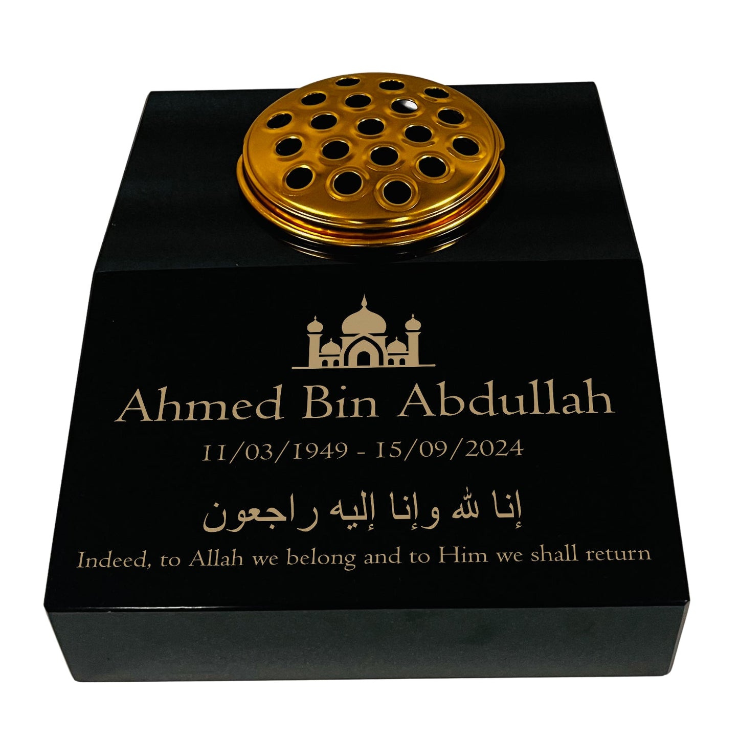 Black Granite Sloping Memorial Desk with Vase – Islamic Design 2, Free Gold Engraving, 12x10x4"
