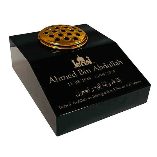 Black Granite Sloping Memorial Desk with Vase – Islamic Design 2, Free Gold Engraving, 12x10x4"