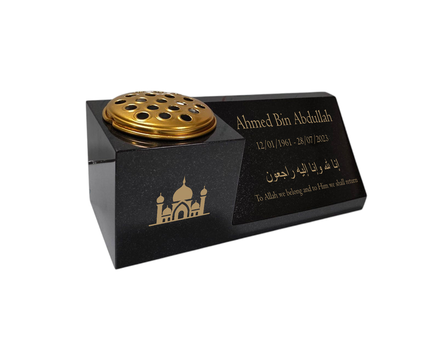 Granite Memorial Vase and Plaque Combination – Islamic Design 2, Solid Granite (16x6x6”) with Flower Pot Insert