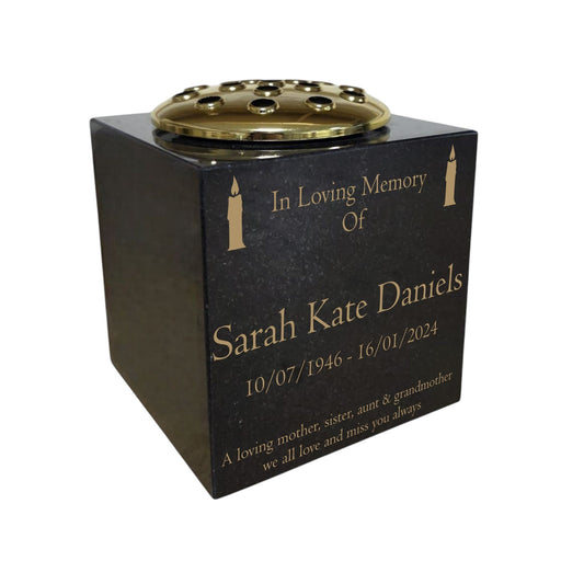 Granite Memorial Vase, Solid Granite, Candle, 6x6x6 Inches, 8KG, Includes Flower Pot Insert