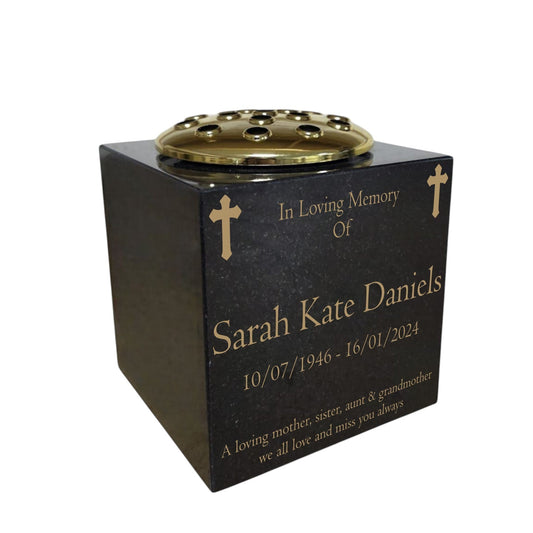Granite Memorial Vase, Solid Granite, Cross, 6x6x6 Inches, 8KG, Includes Flower Pot Insert