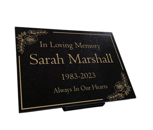 Granite Memorial Plaque, Floral Border, Stand Included