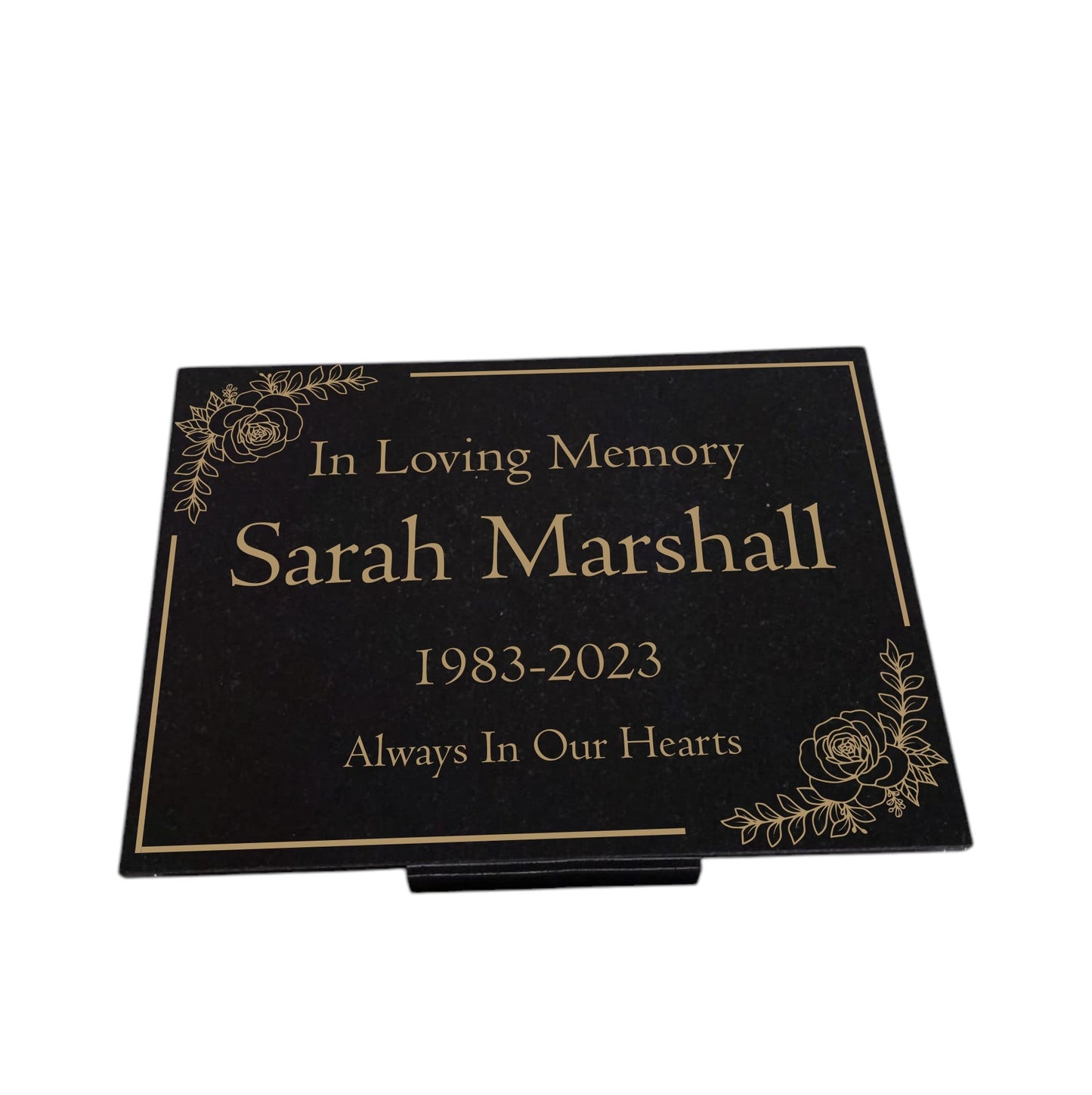 Granite Memorial Plaque, Floral Border, Stand Included