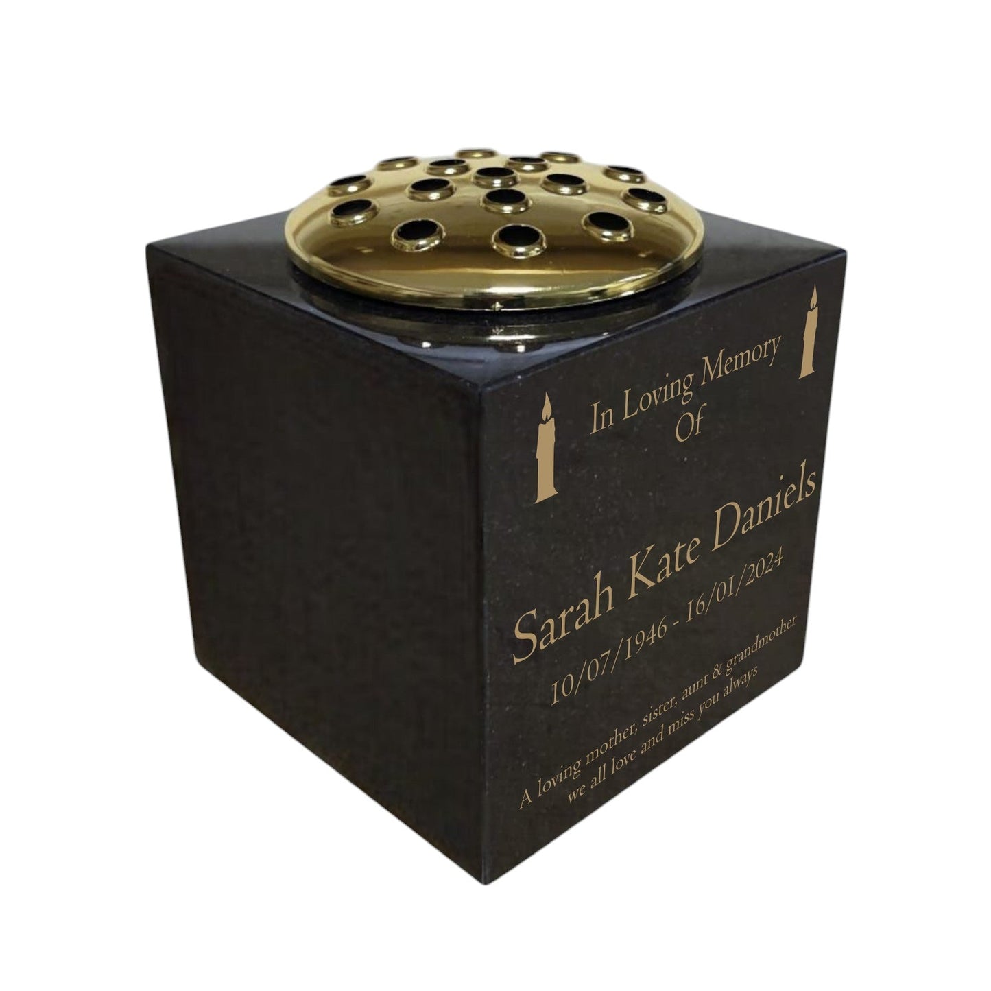 Granite Memorial Vase, Solid Granite, Candle, 6x6x6 Inches, 8KG, Includes Flower Pot Insert