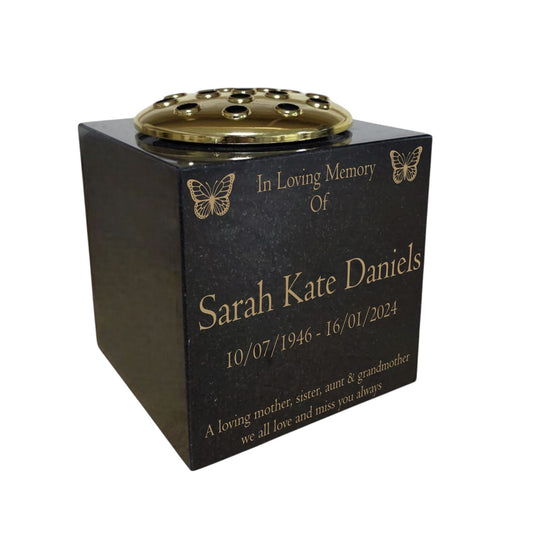 Granite Memorial Vase, Solid Granite, Butterfly, 6x6x6 Inches, 8KG, Includes Flower Pot Insert