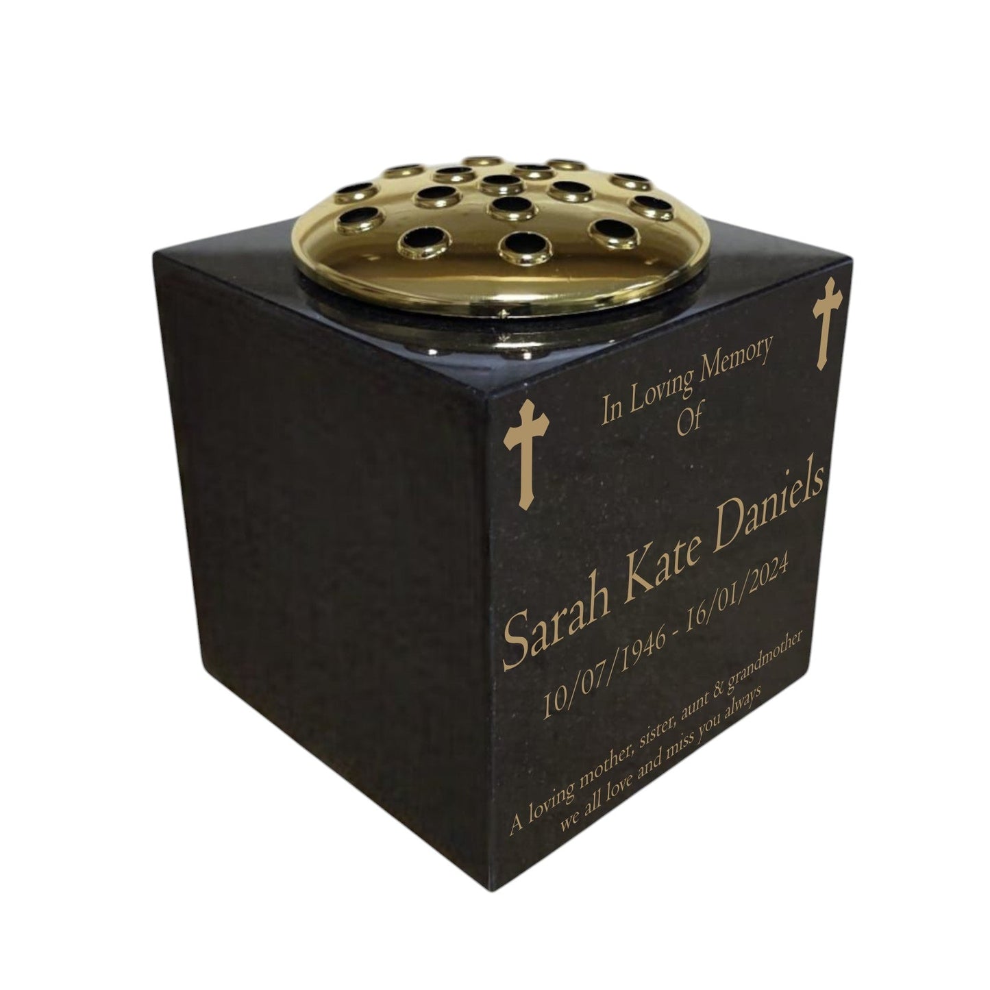 Granite Memorial Vase, Solid Granite, Cross, 6x6x6 Inches, 8KG, Includes Flower Pot Insert