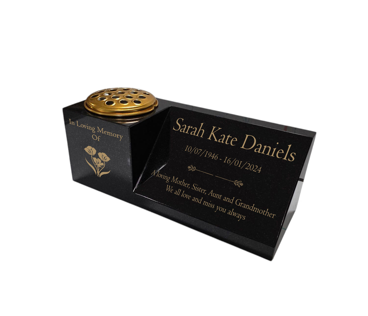 Granite Memorial Vase and Plaque Combination – Lily Design, Solid Granite (16x6x6”) with Flower Pot Insert