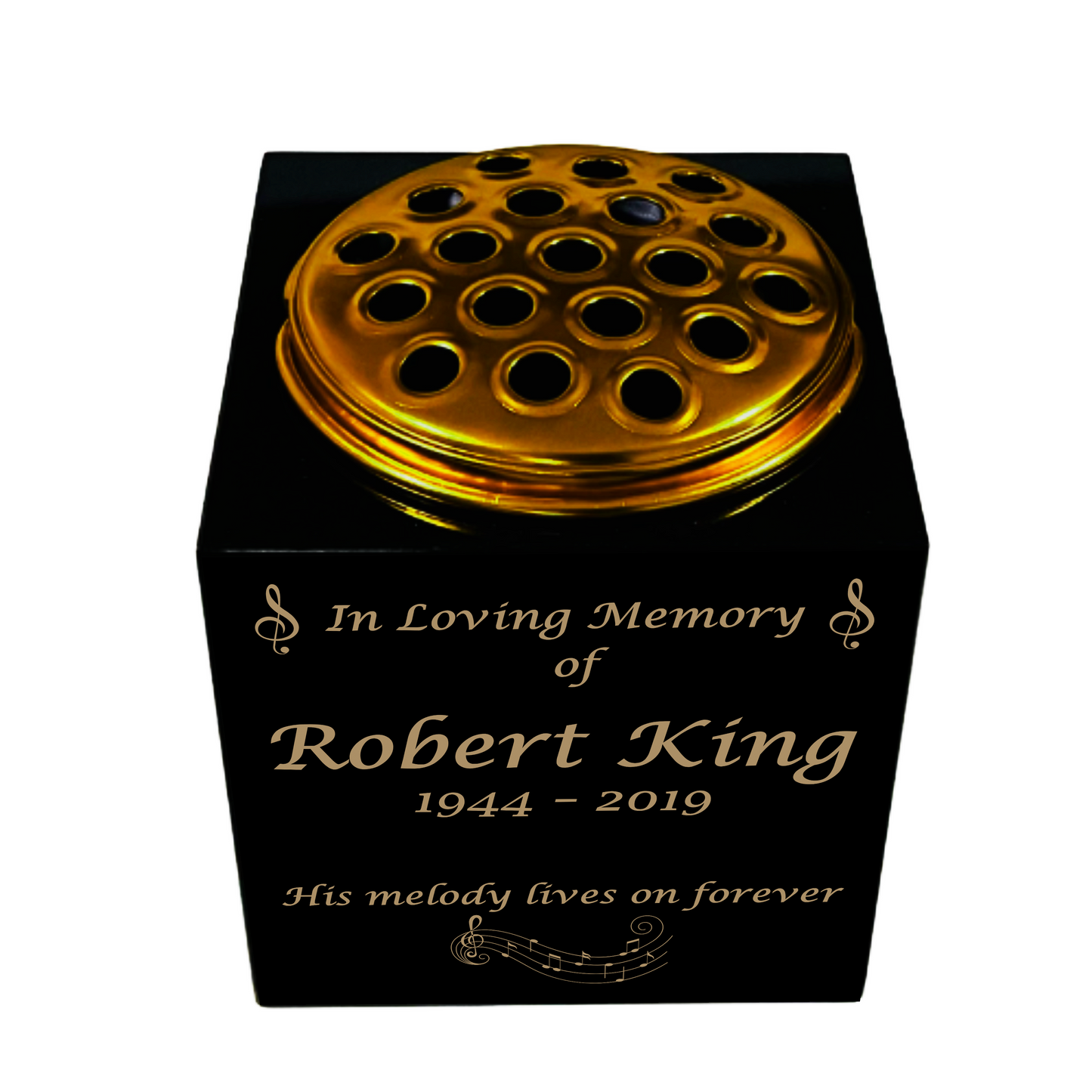 Granite Memorial Vase- Solid Granite – Free Personalised Gold Engraving, Musical Notes – Includes Metal Flower Pot Insert