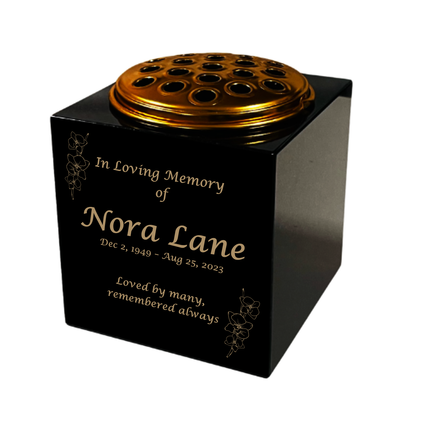 Granite Memorial Vase- Solid Granite – Free Personalised Gold Engraving, Orchid 1 – Includes Metal Flower Pot Insert