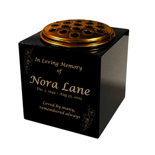 Granite Memorial Vase- Solid Granite – Free Personalised Gold Engraving, Orchid 1 – Includes Metal Flower Pot Insert