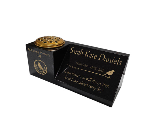 Granite Memorial Vase and Plaque Combination – Robin Design, Solid Granite (16x6x6”) with Flower Pot Insert