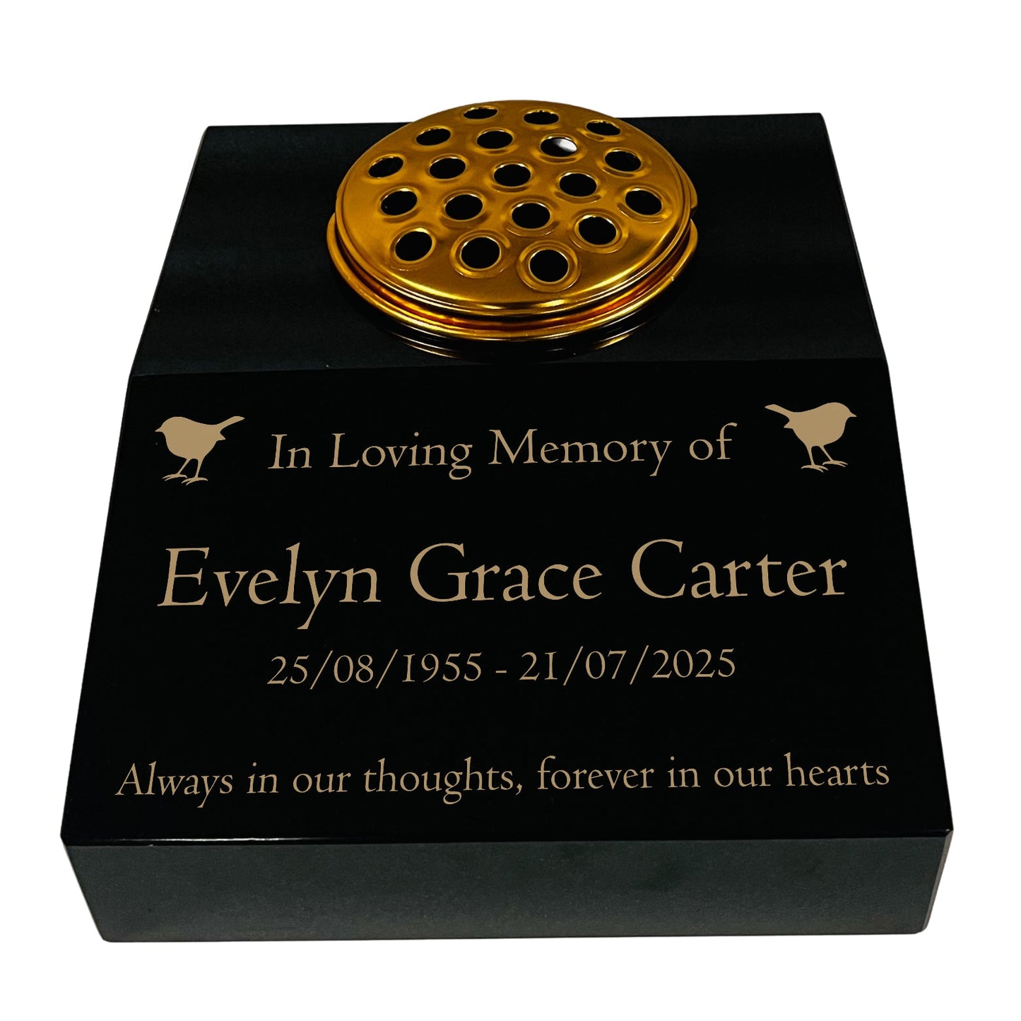 Black Granite Sloping Memorial Desk with Vase – Robin Design, Free Gold Engraving, 12x10x4"