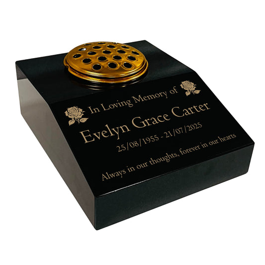 Black Granite Sloping Memorial Desk with Vase – Rose Design, Free Gold Engraving, 12x10x4"