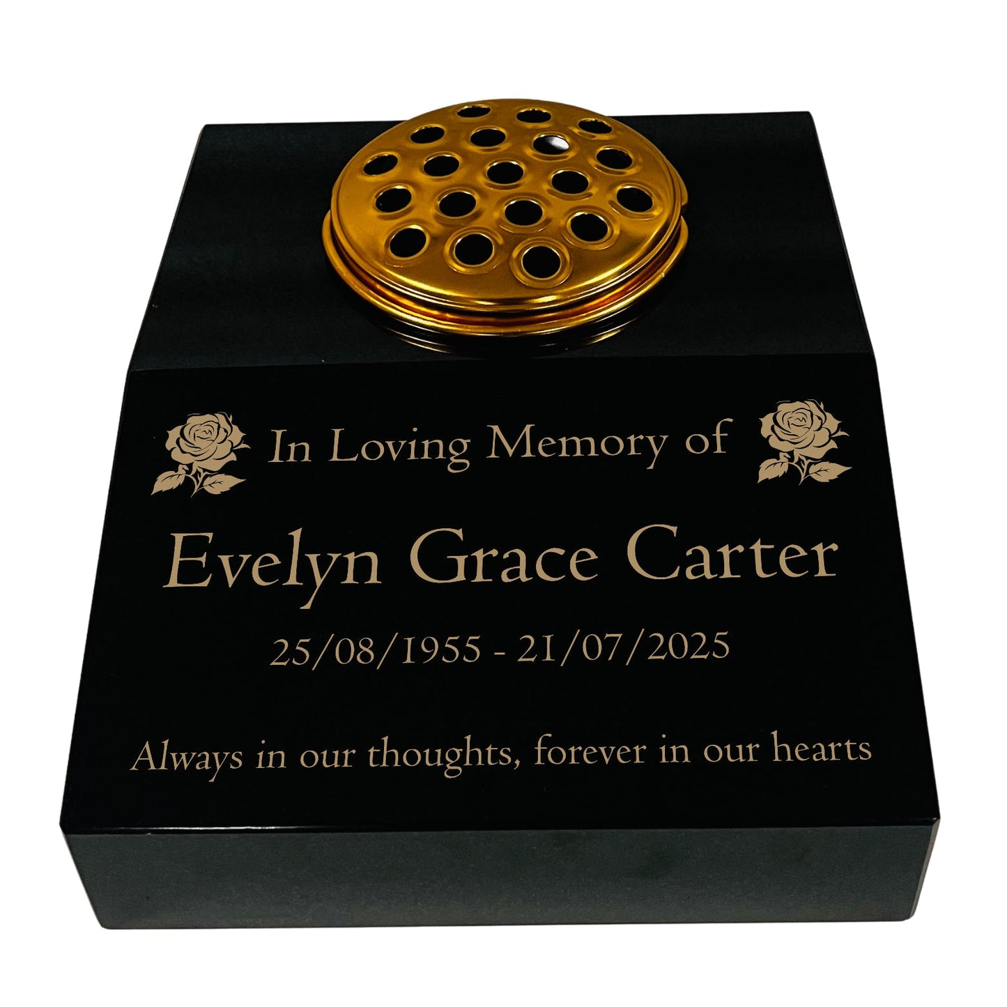 Black Granite Sloping Memorial Desk with Vase – Rose Design, Free Gold Engraving, 12x10x4"