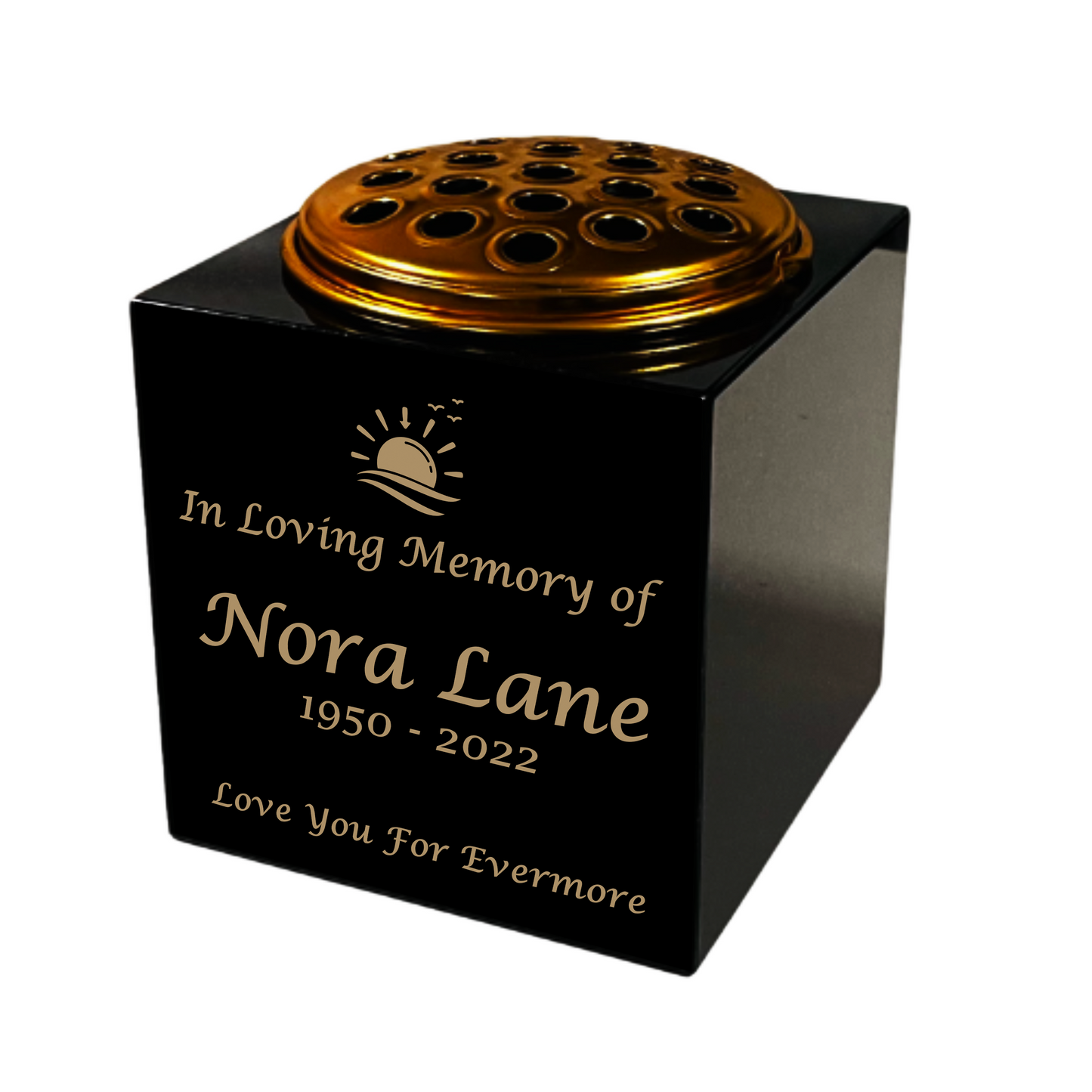 Granite Memorial Vase- Solid Granite – Free Personalised Gold Engraving, Sunset– Includes Metal Flower Pot Insert