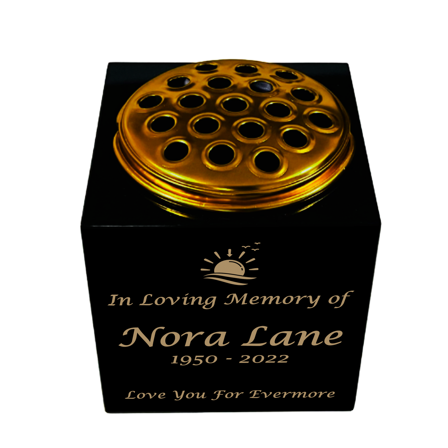 Granite Memorial Vase- Solid Granite – Free Personalised Gold Engraving, Sunset– Includes Metal Flower Pot Insert