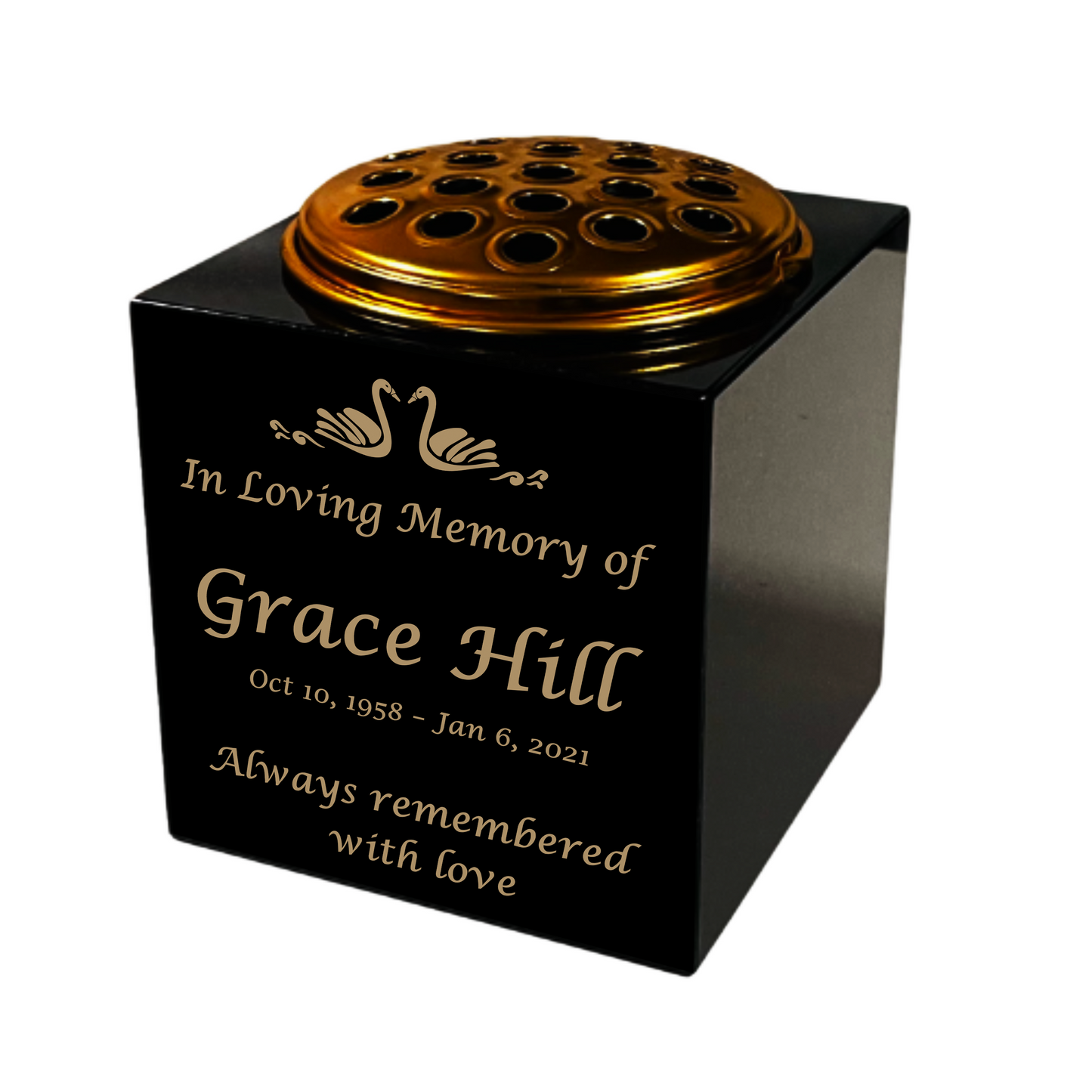 Granite Memorial Vase- Solid Granite – Free Personalised Gold Engraving, Swan 1 – Includes Metal Flower Pot Insert