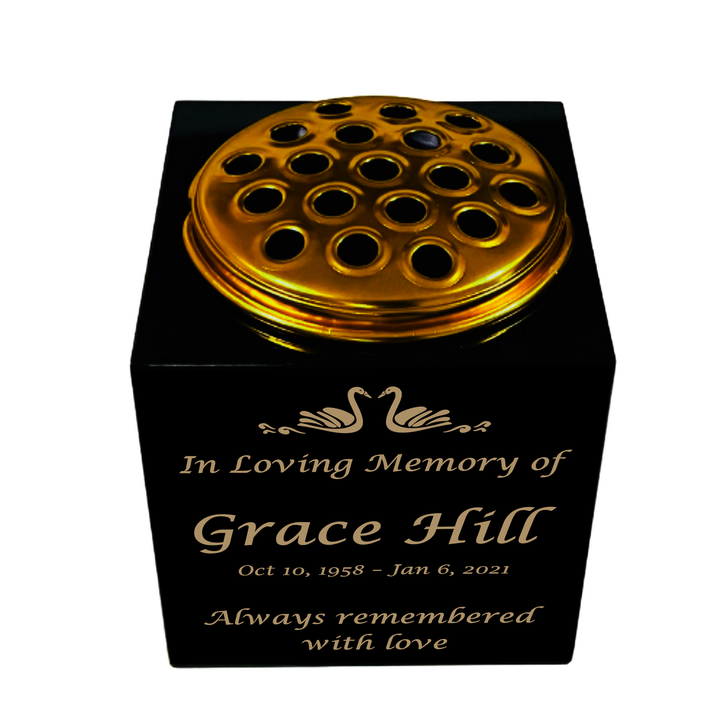 Granite Memorial Vase- Solid Granite – Free Personalised Gold Engraving, Swan 1 – Includes Metal Flower Pot Insert