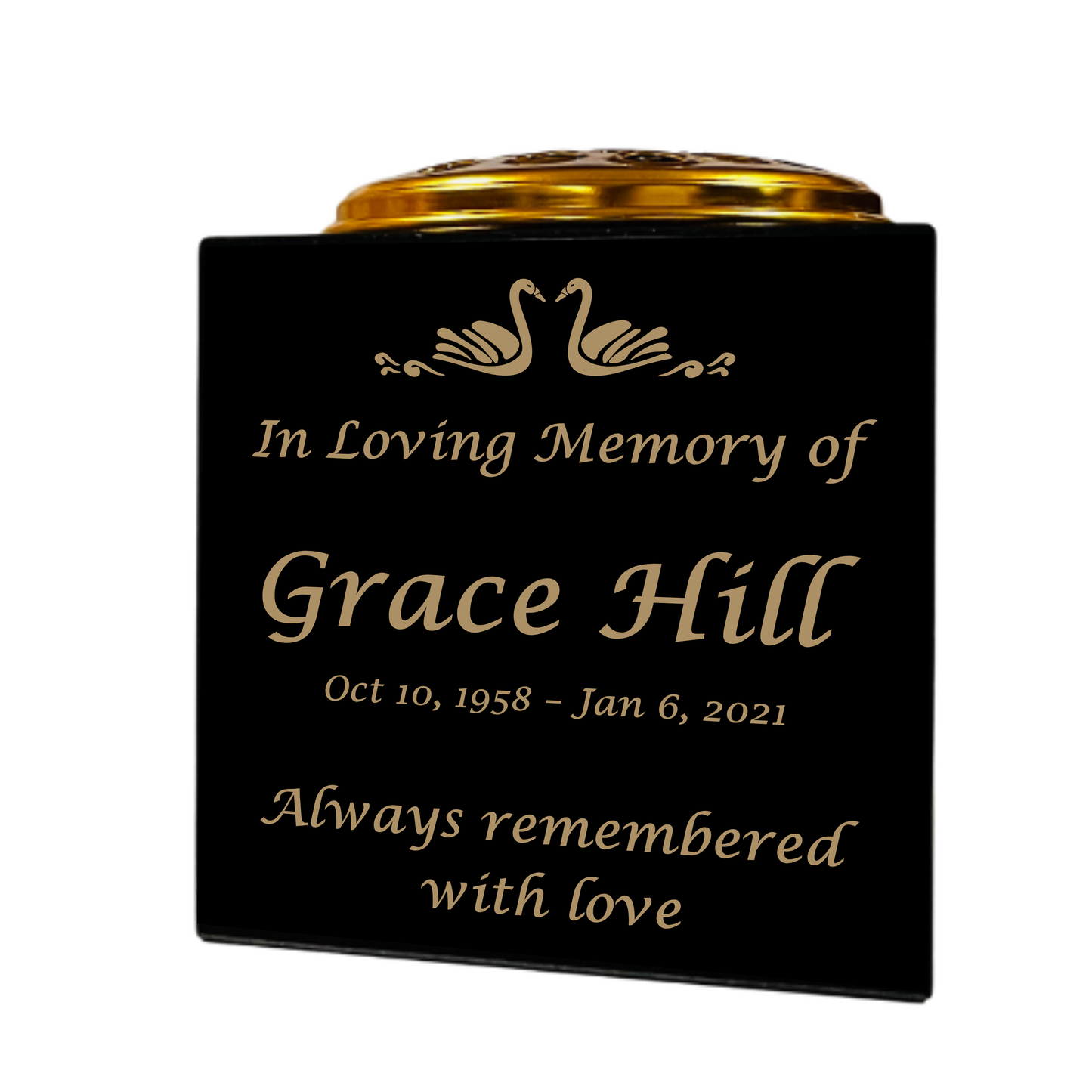 Granite Memorial Vase- Solid Granite – Free Personalised Gold Engraving, Swan 1 – Includes Metal Flower Pot Insert