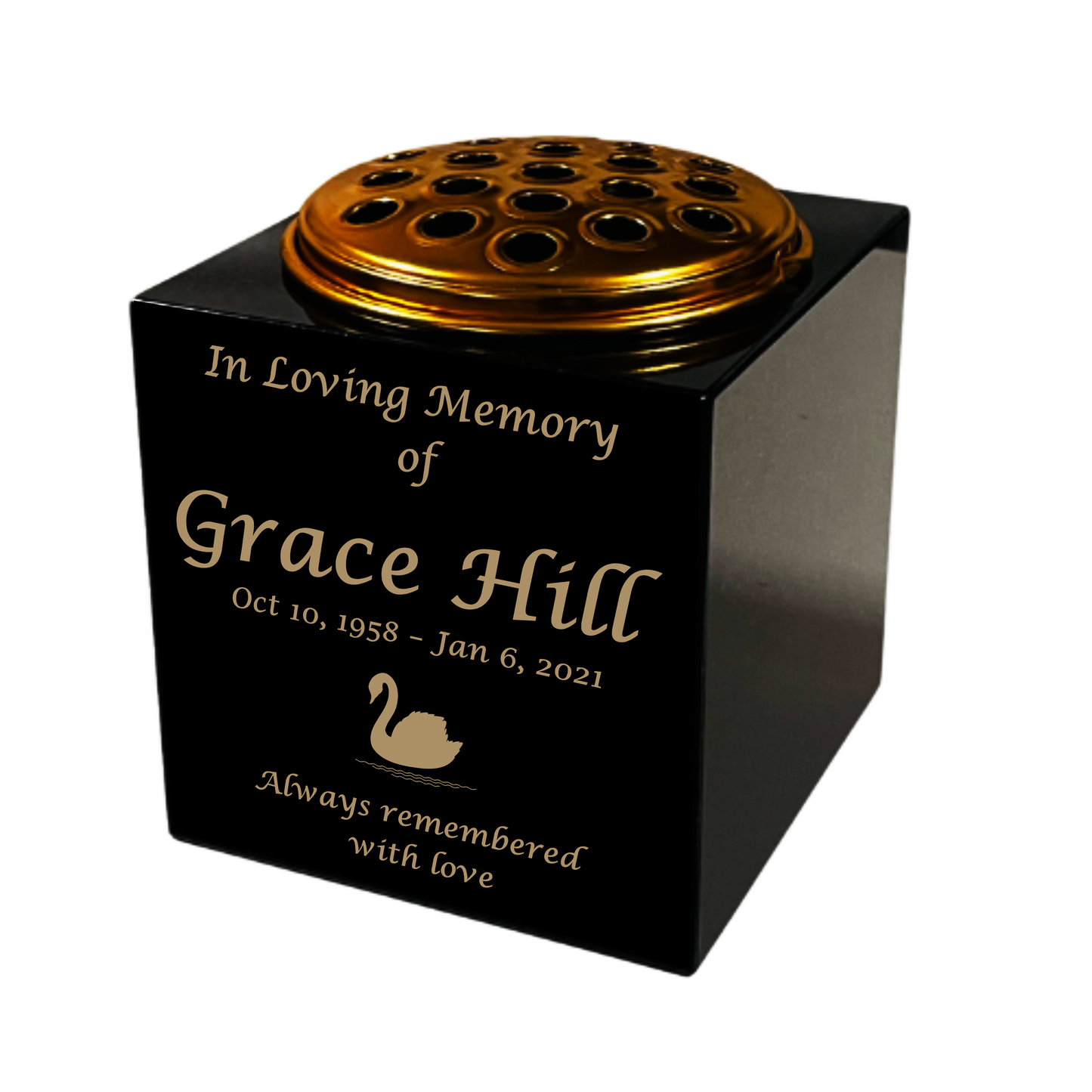 Granite Memorial Vase- Solid Granite – Free Personalised Gold Engraving, Swan 2 – Includes Metal Flower Pot Insert