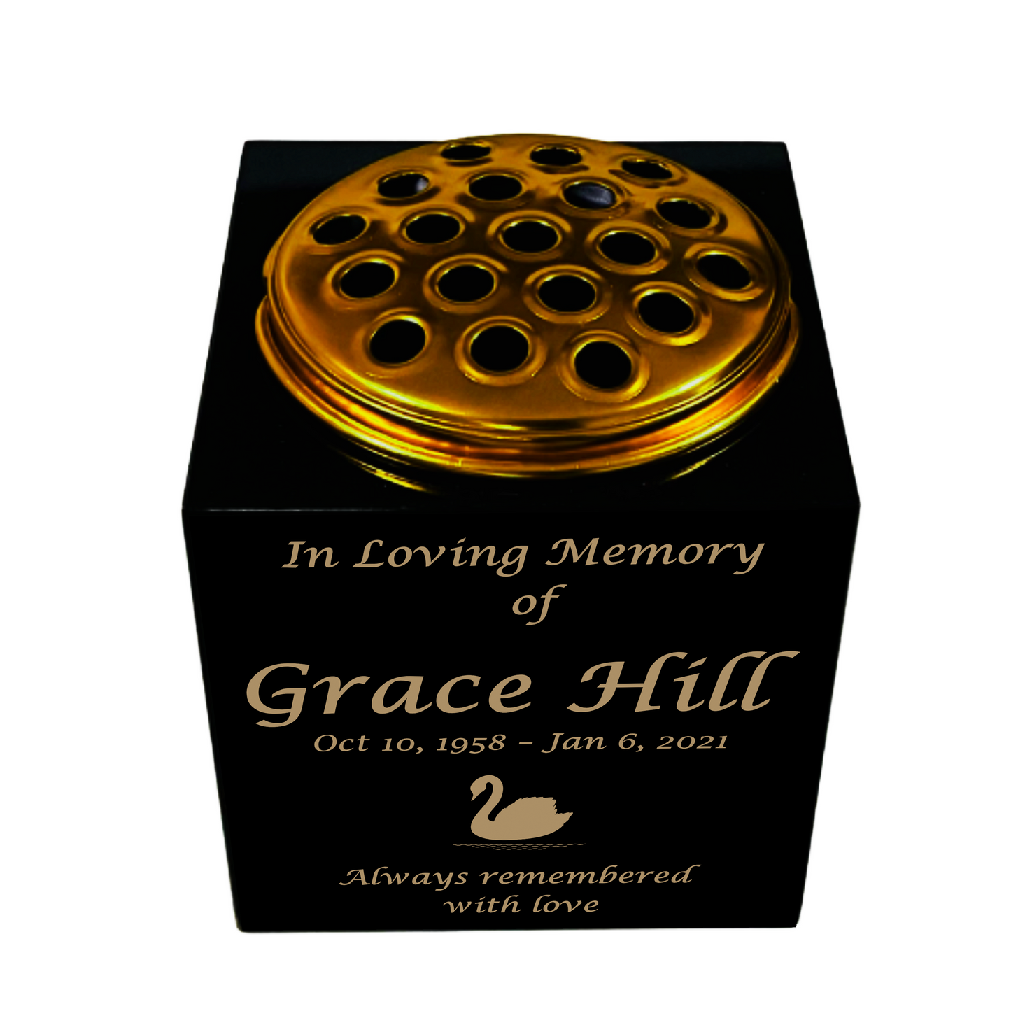 Granite Memorial Vase- Solid Granite – Free Personalised Gold Engraving, Swan 2 – Includes Metal Flower Pot Insert
