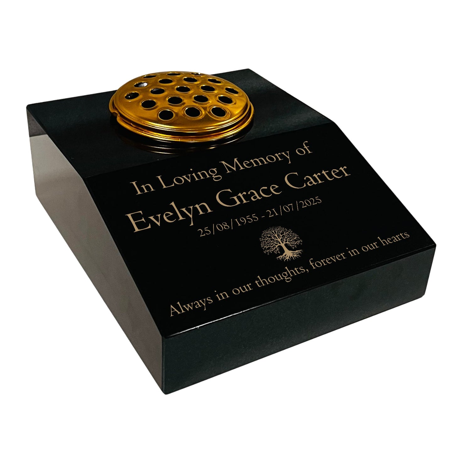 Black Granite Sloping Memorial Desk with Vase – Tree of Life, Free Gold Engraving, 12x10x4"