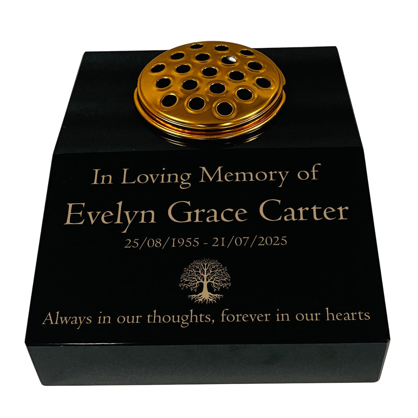 Black Granite Sloping Memorial Desk with Vase – Tree of Life, Free Gold Engraving, 12x10x4"