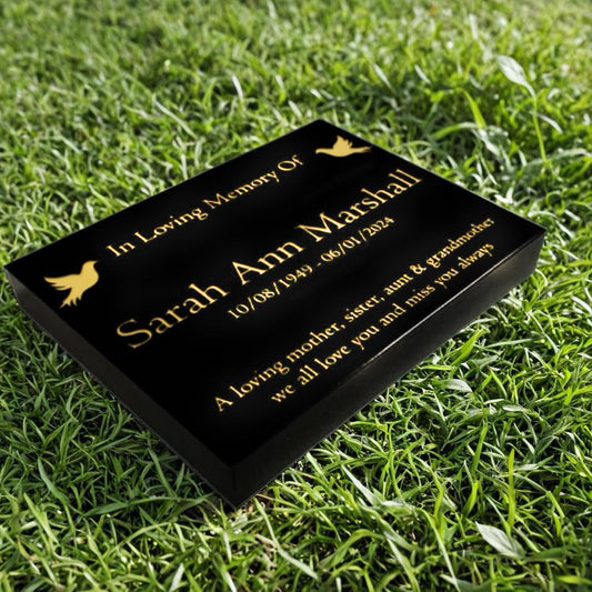 Granite Memorial Tablet, Dove – Personalised Gold Engraving on Black Granite (15x12x2 inches, 20kg)