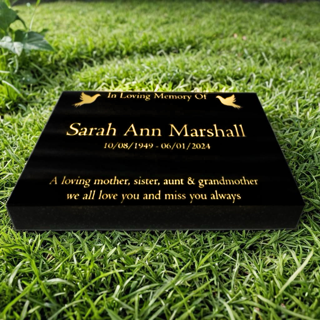 Granite Memorial Tablet, Dove – Personalised Gold Engraving on Black Granite (15x12x2 inches, 20kg)