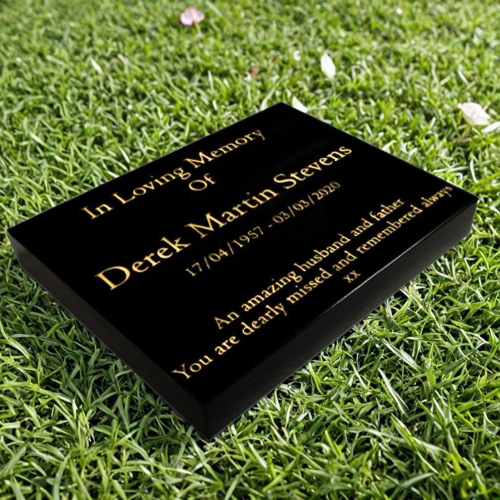 Granite Memorial Tablet – Polished Black Stone – Free Personalised Gold Engraving (15x12x2 inches, 20kg)